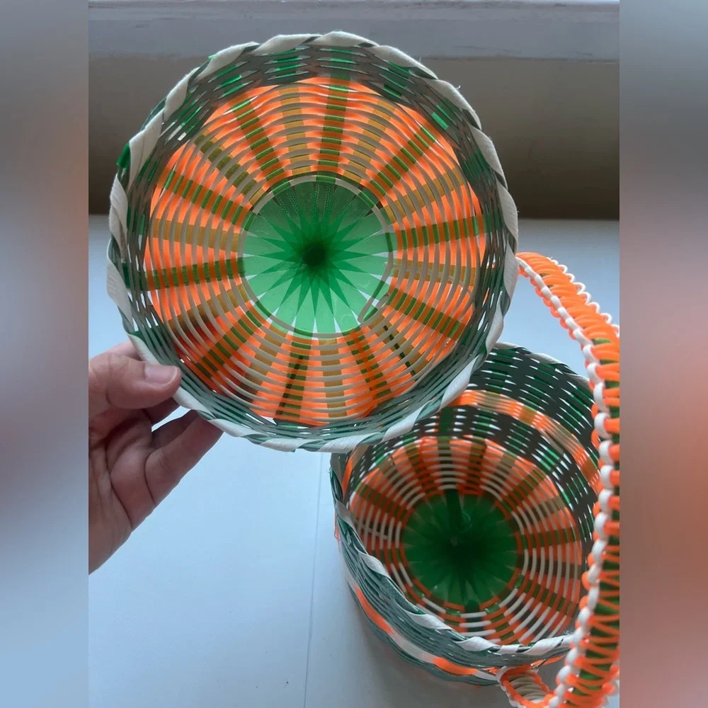 Handwoven Green, Orange & White Decorative Basket with Handle
